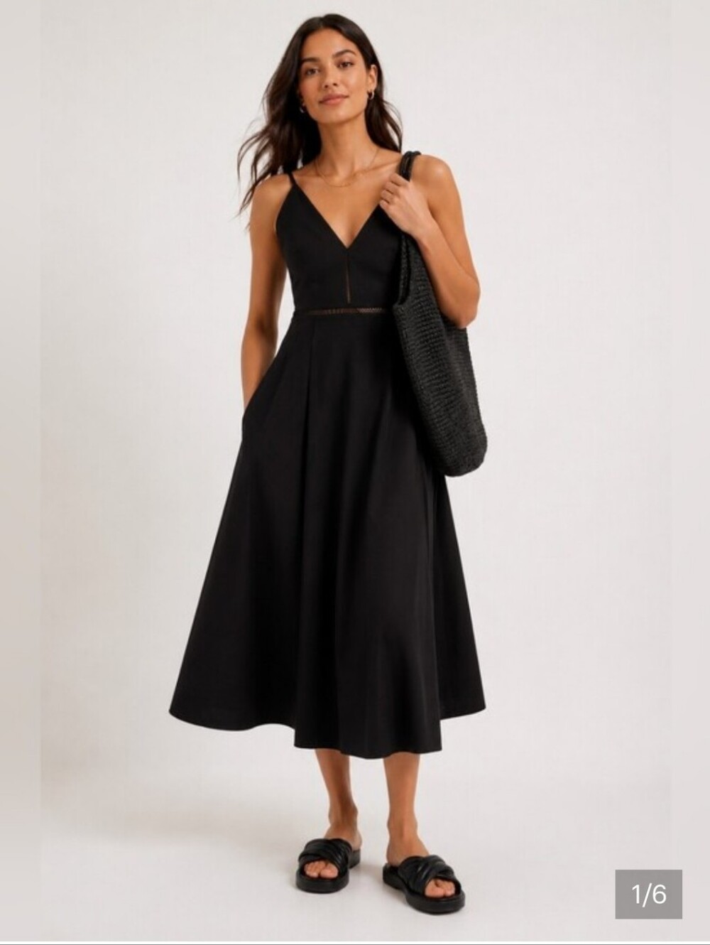 Black A-Line Midi Dress with V-Neck